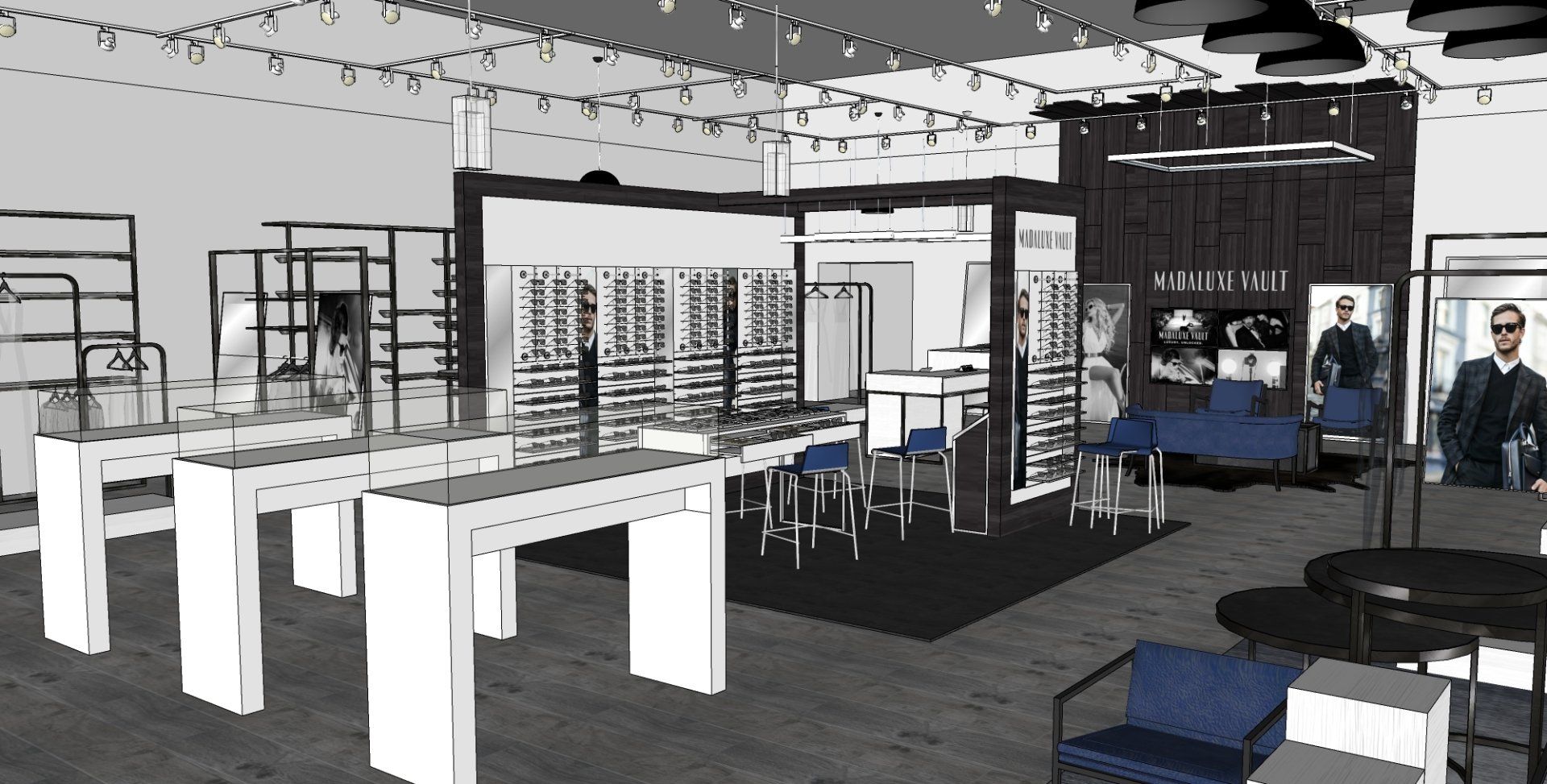 A black and white drawing of a store with tables and chairs
