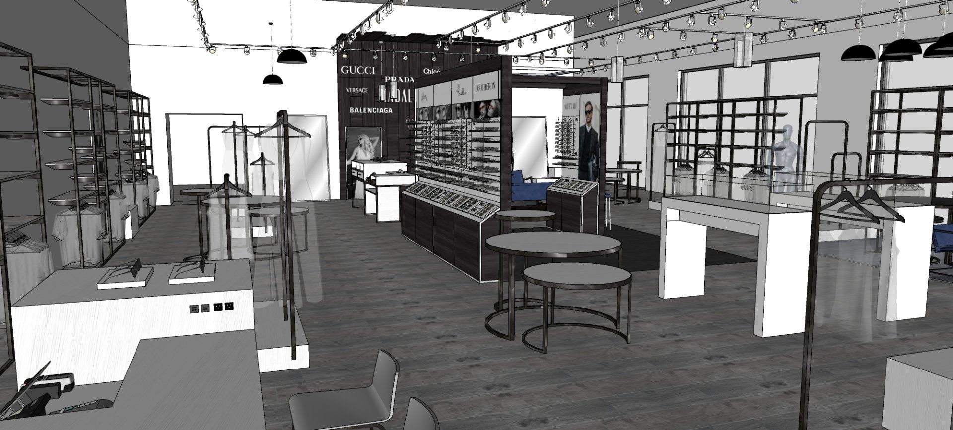 A black and white drawing of a store with tables and shelves