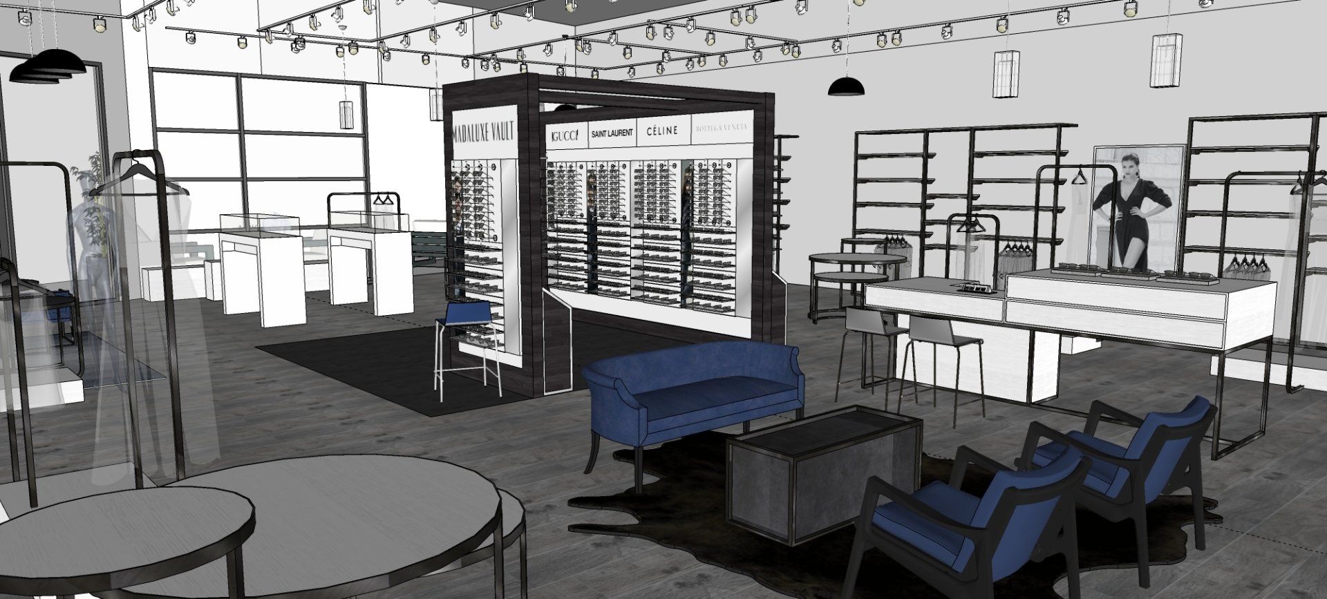 A black and white drawing of a clothing store with tables and chairs.