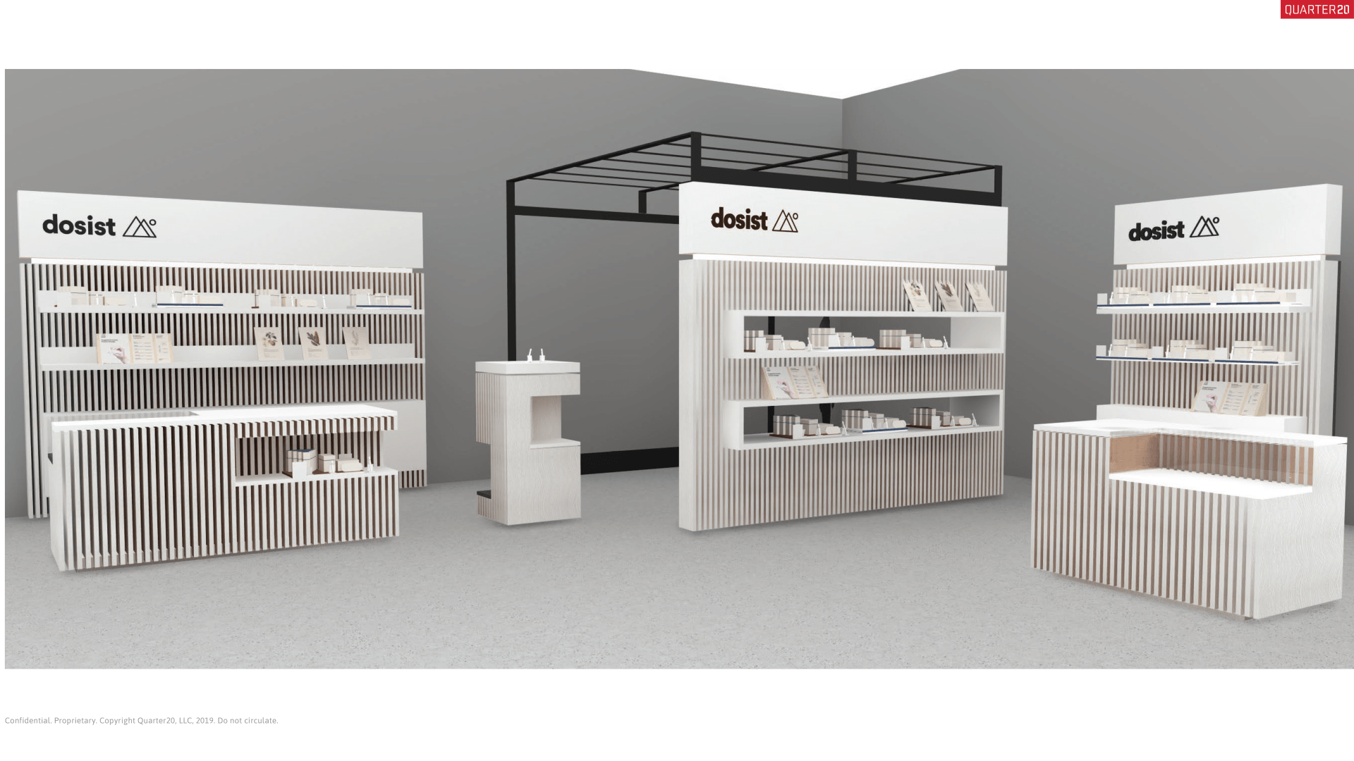 A 3d rendering of a store with shelves and a counter.