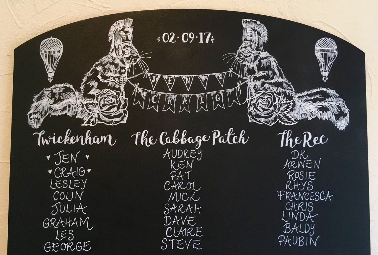 A chalkboard with a drawing of a couple and the words the cabbage patch on it