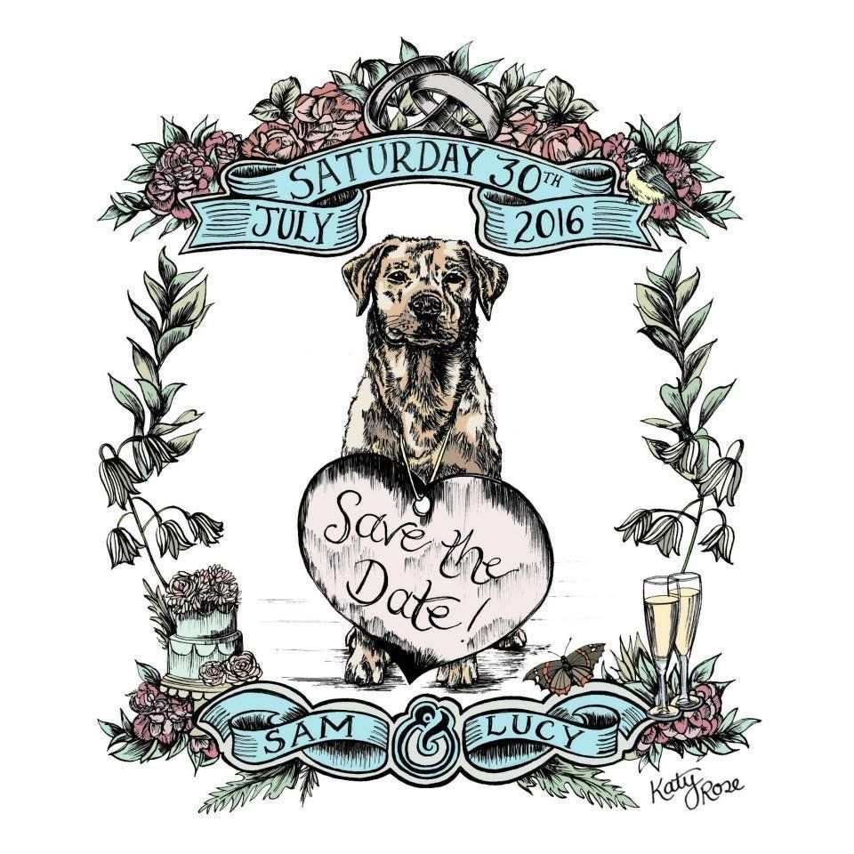 A drawing of a dog sitting next to a heart that says `` save the date ''.