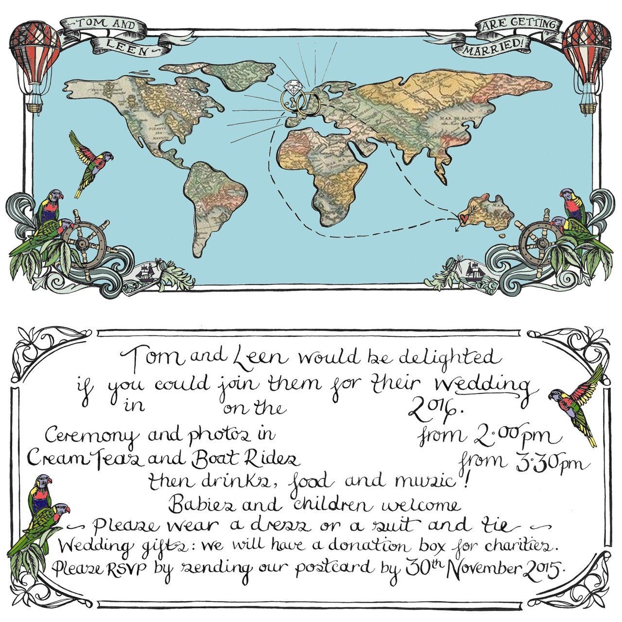 A wedding invitation with a map of the world on it