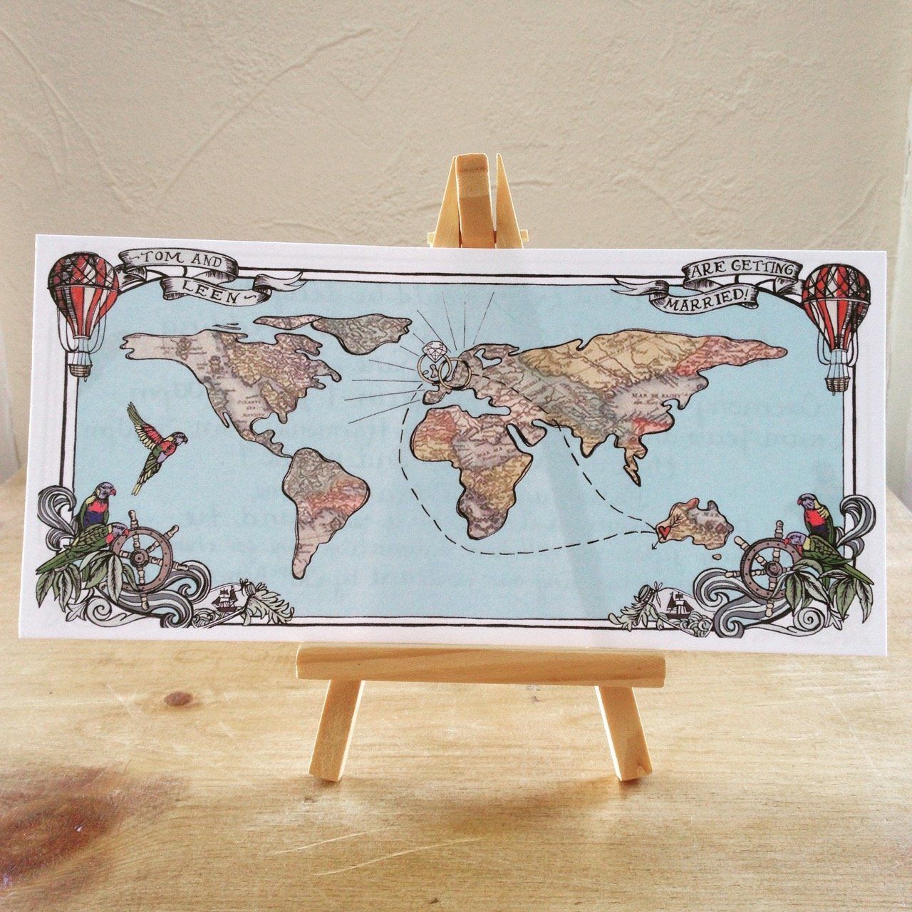 A small easel with a map of the world on it