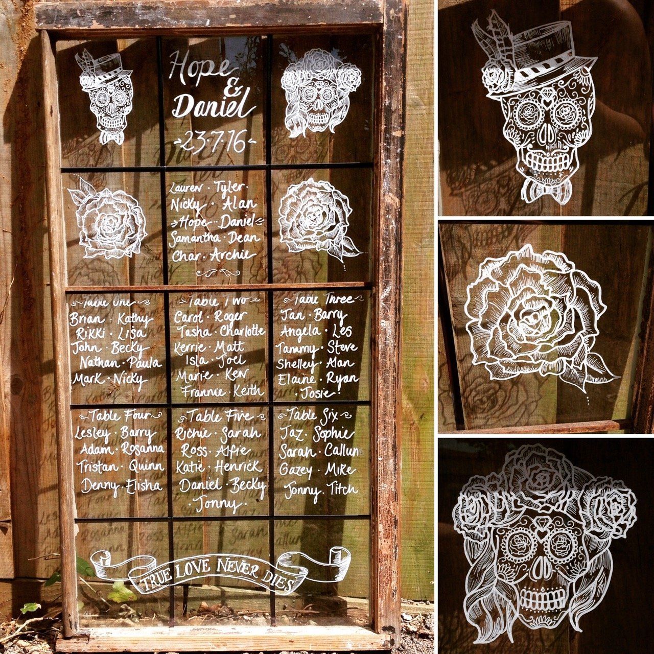 A wedding seating chart with skulls and roses on it