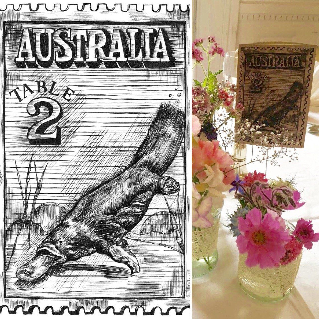 A black and white drawing of a platypus and the words australia table 2
