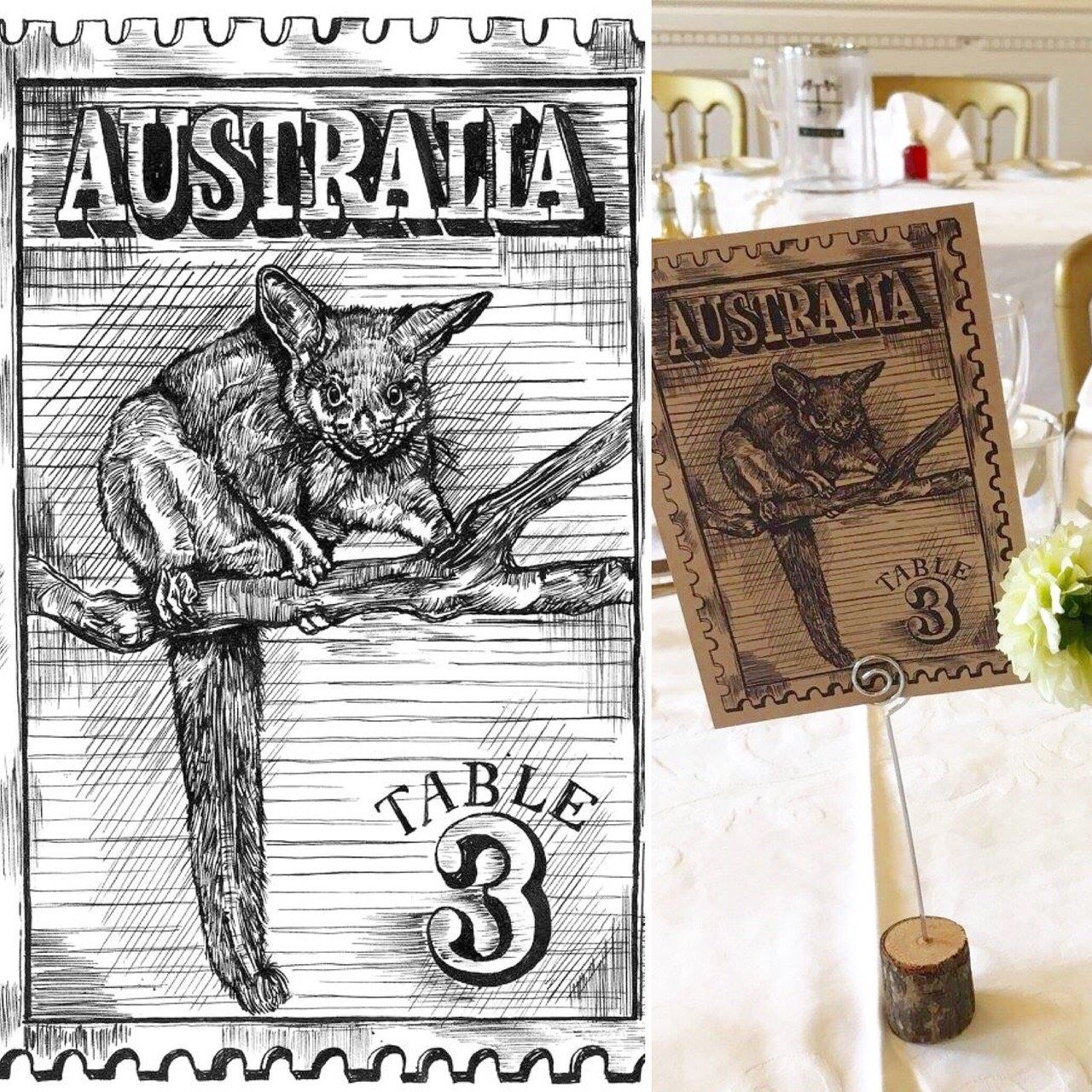 A drawing of a cat on a tree branch next to a table number 3 sign