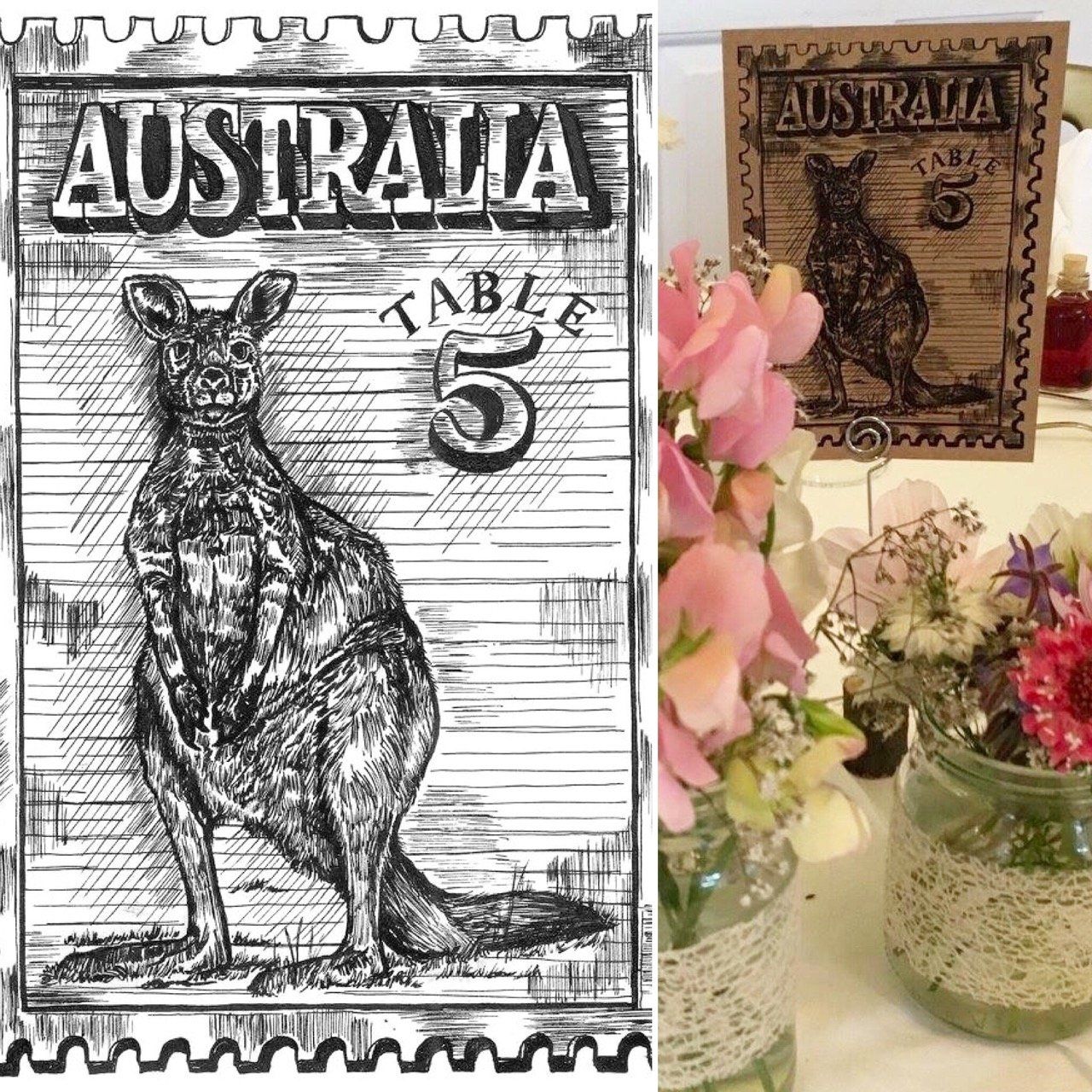 A black and white drawing of a kangaroo next to a sign that says australia table 5