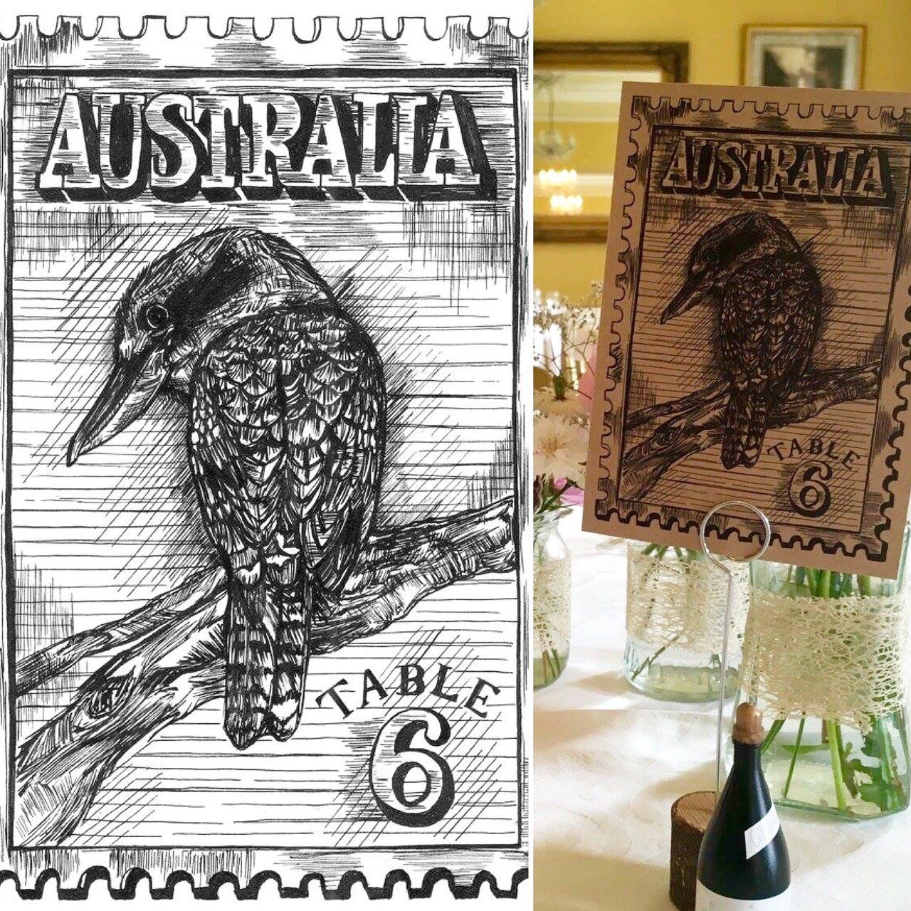 A drawing of a bird on a branch next to a table number 6