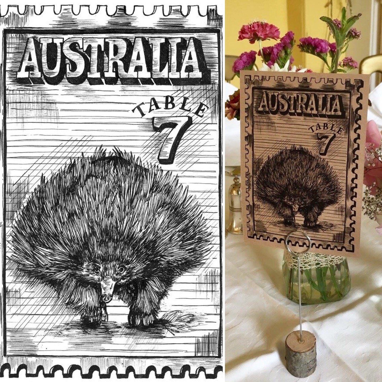 A black and white drawing of a porcupine and a sign that says australia table 7
