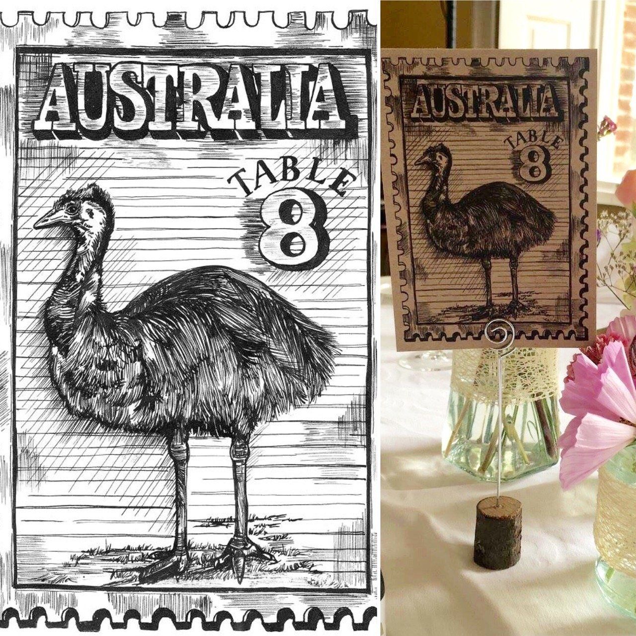 A black and white drawing of an emu next to a sign that says australia table 8