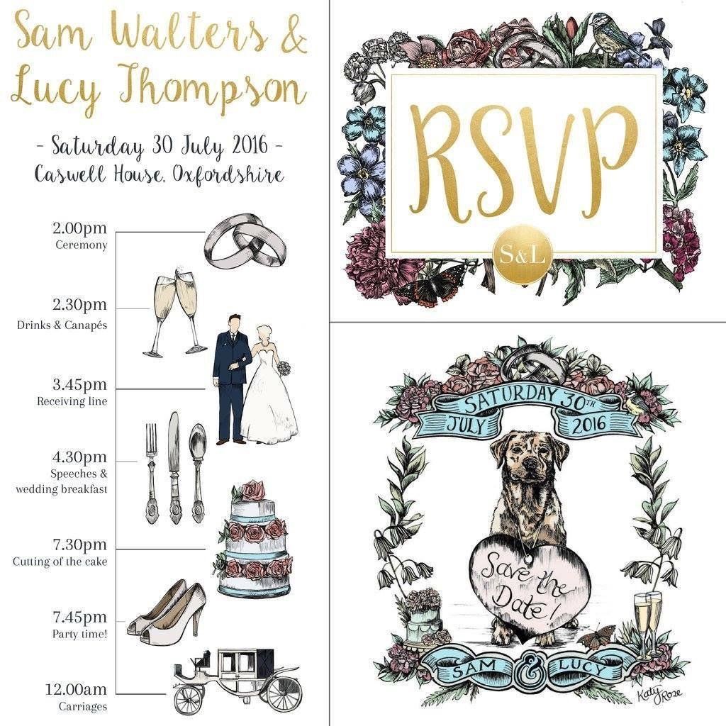 A wedding invitation with a bride and groom and a dog.
