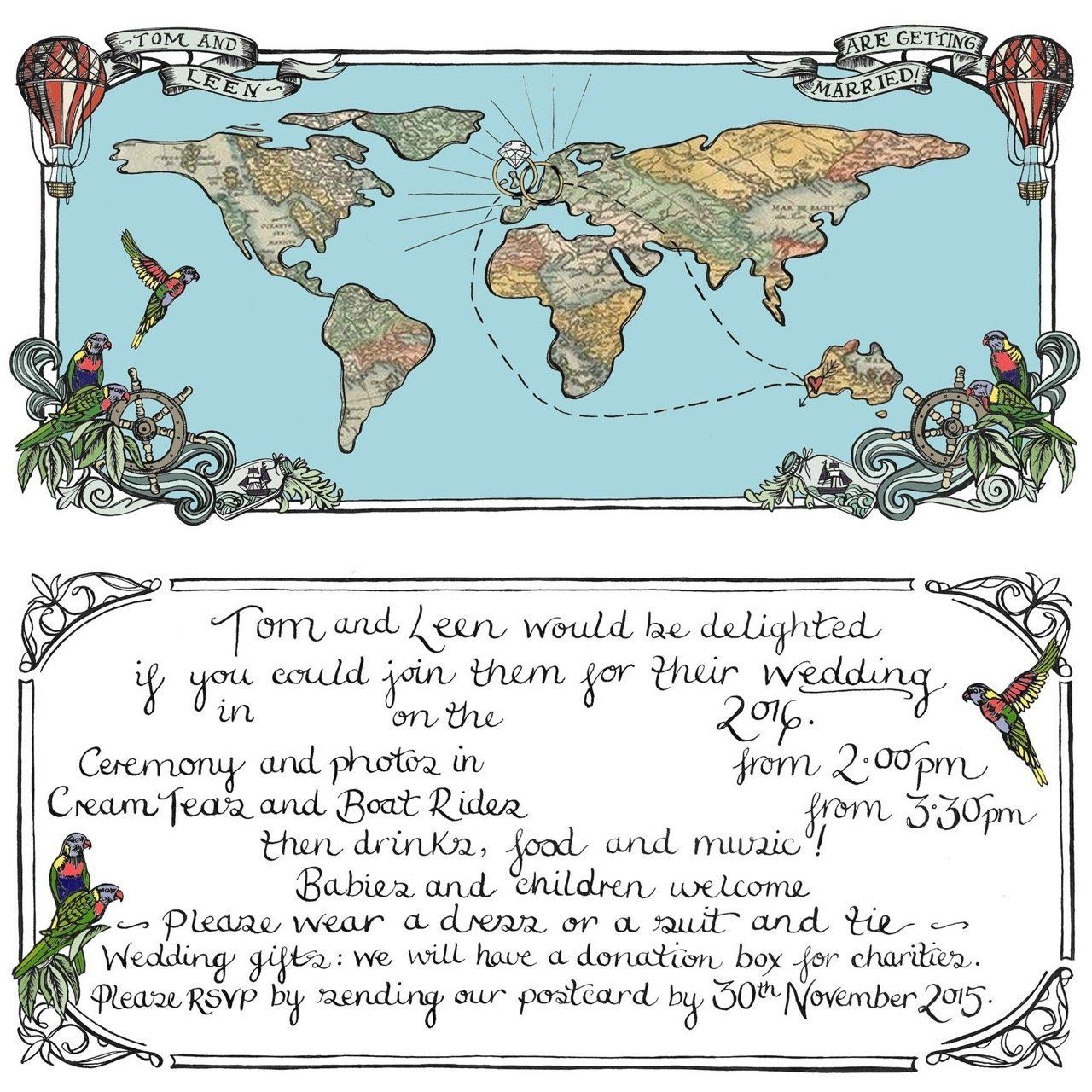 A wedding invitation with a map of the world on it