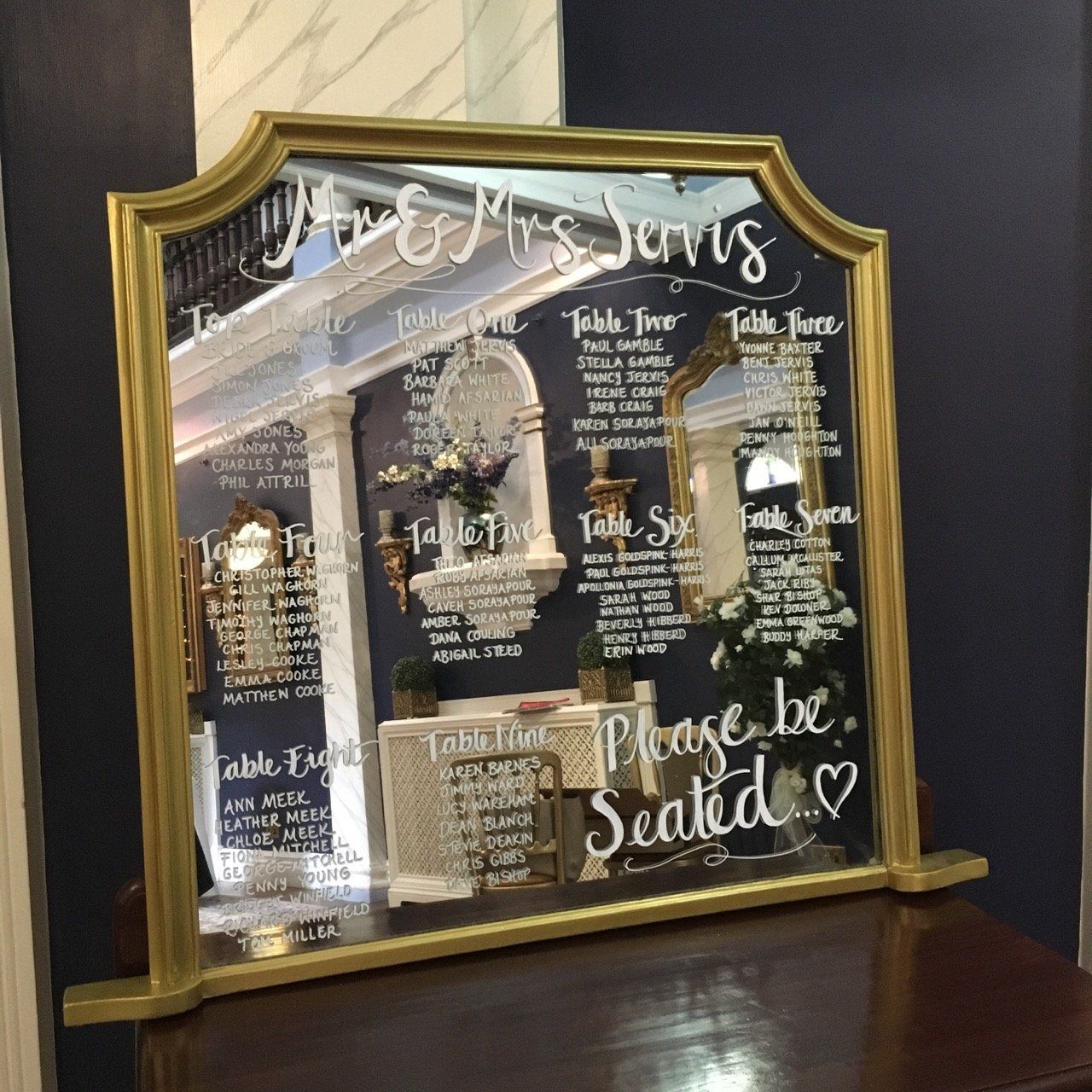 A mirror with the words please be seated on it