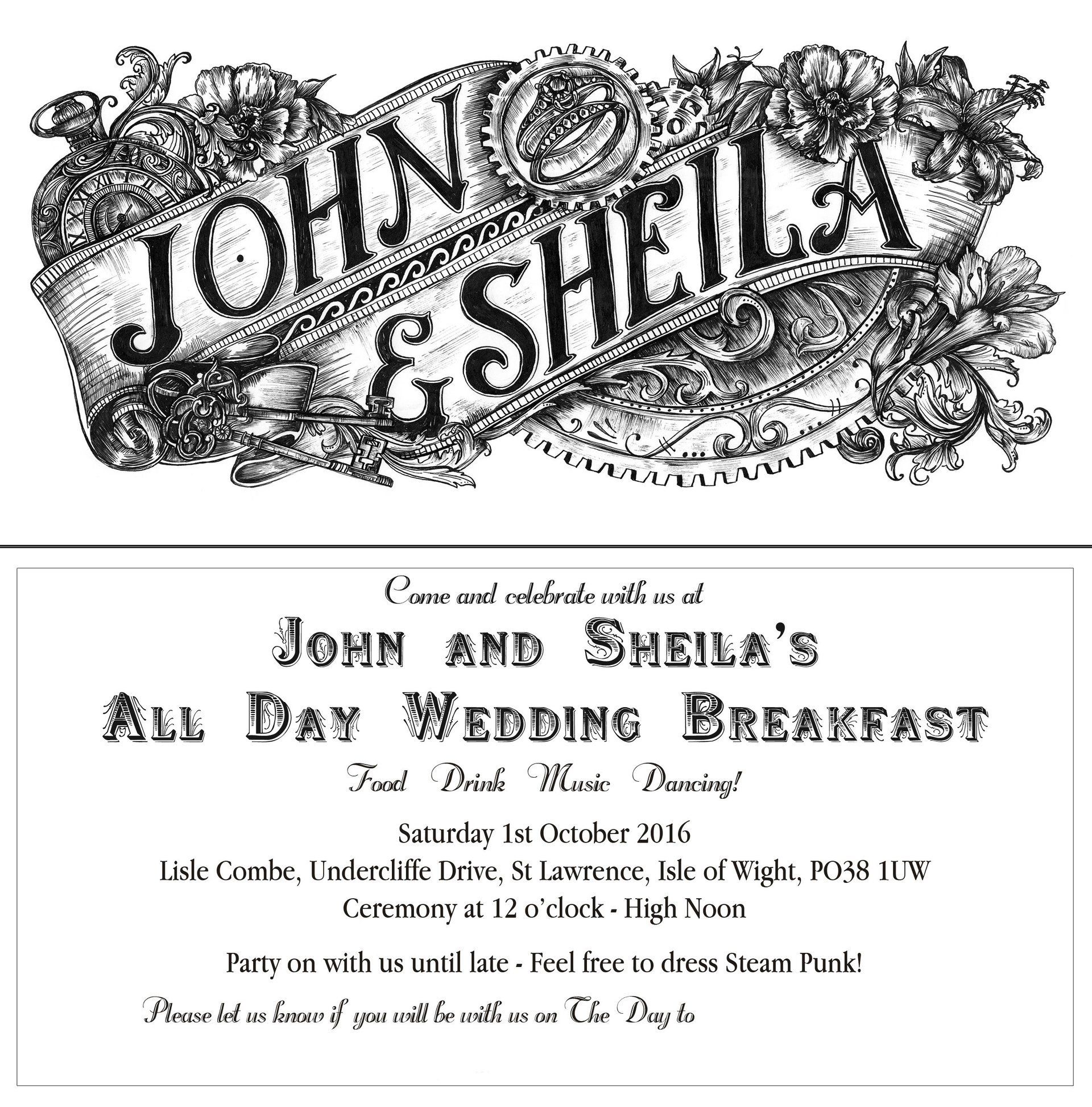 A wedding invitation for john and sheila 's all day wedding breakfast