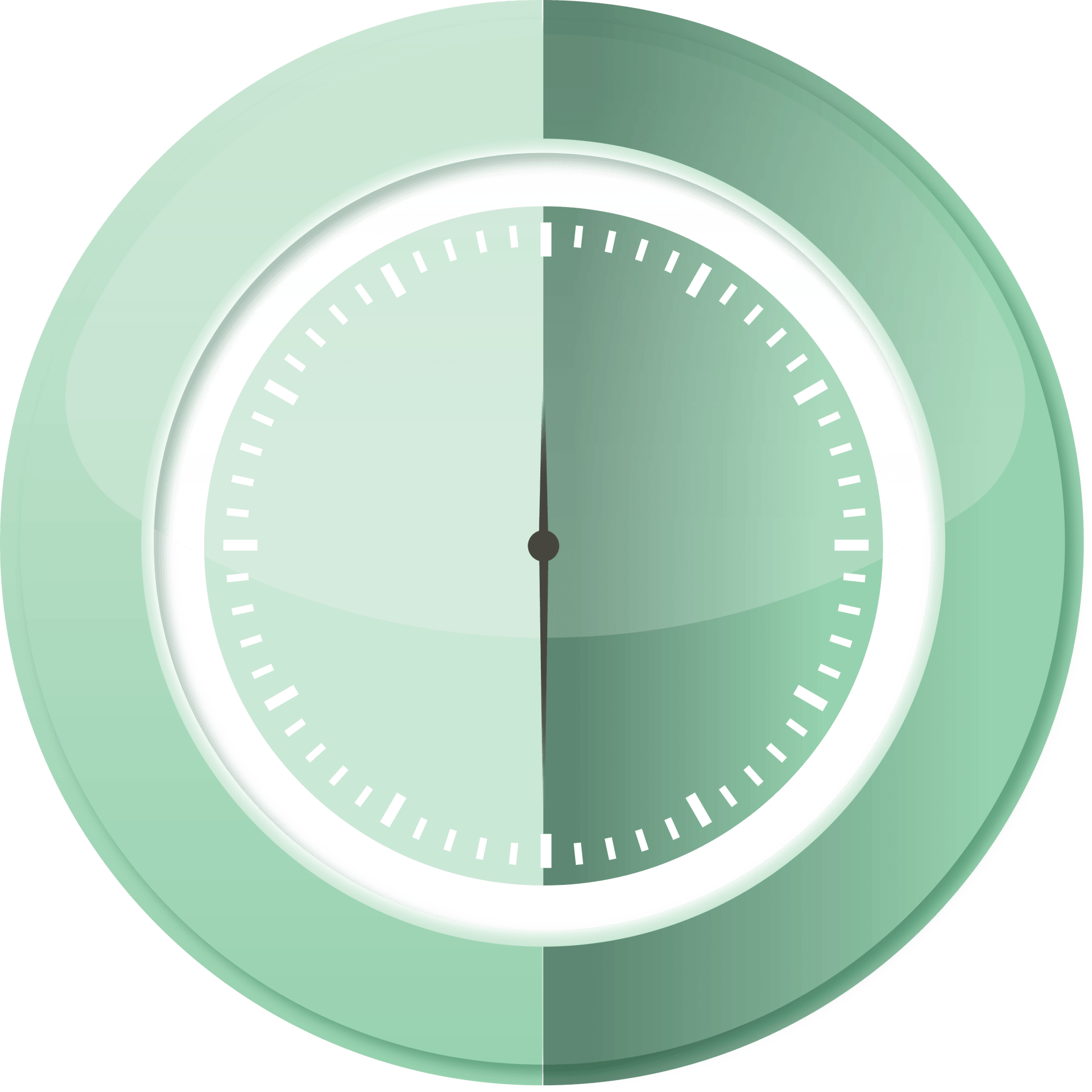 Clock graphic, light green, indicating half past the hour.