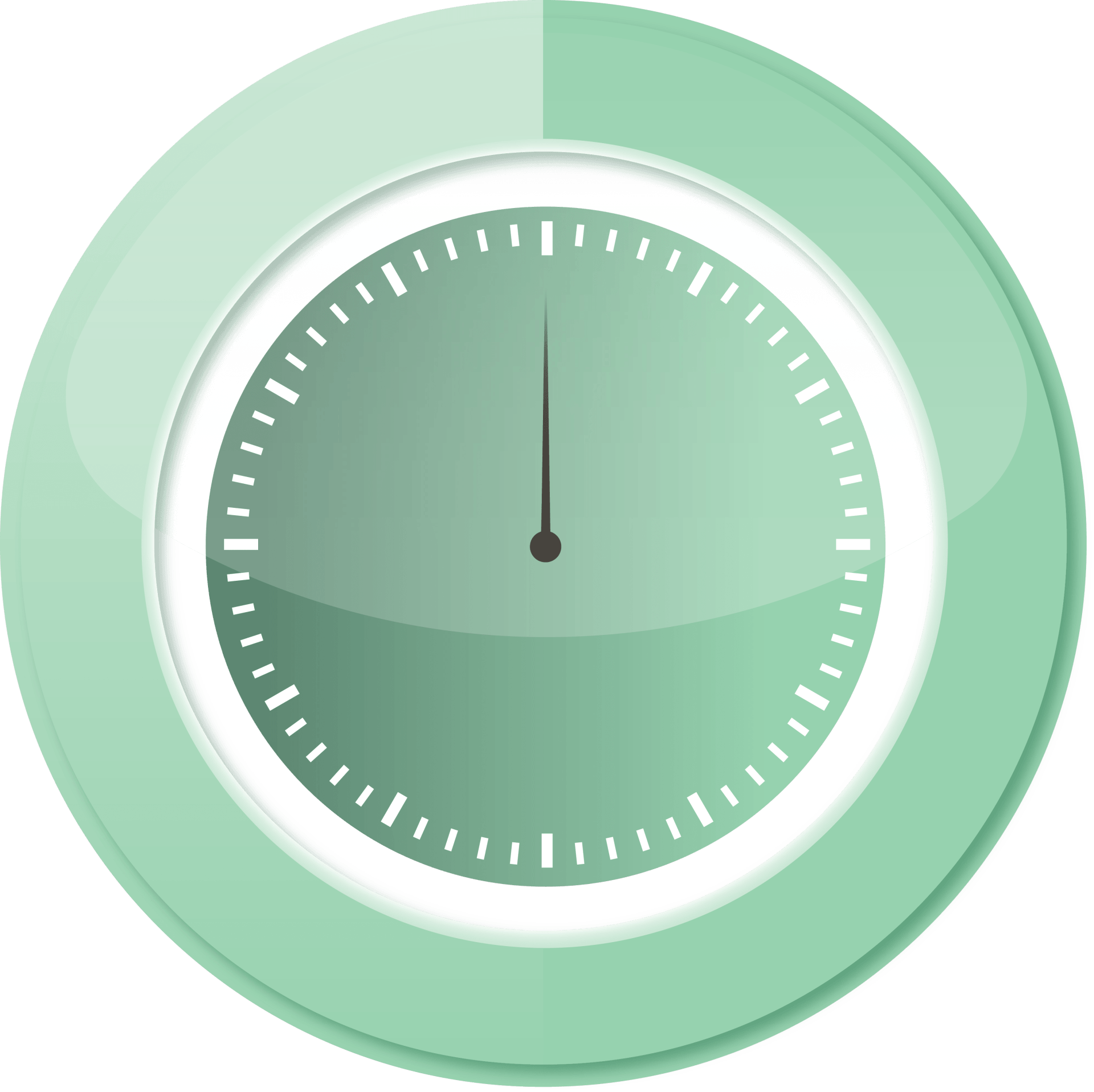 A light green clock face with a black hand pointing to the top, inside a green circle.