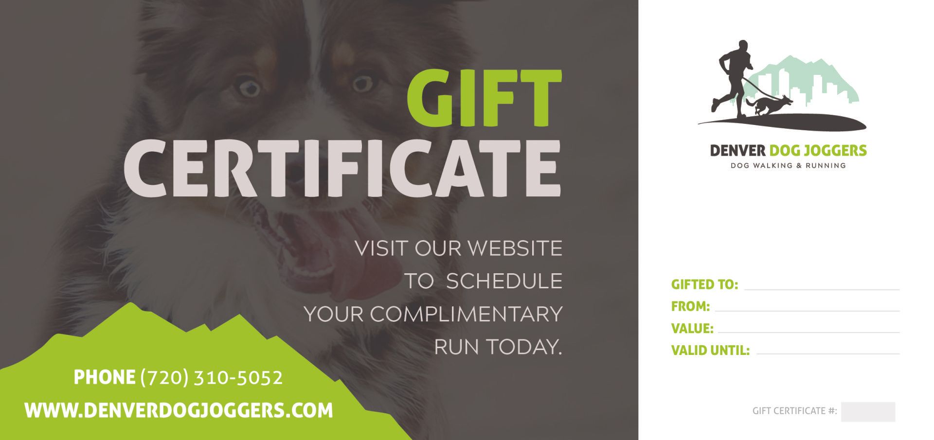Gift certificate for Denver Dog Joggers with a dog's face, a runner, and space to fill in details.