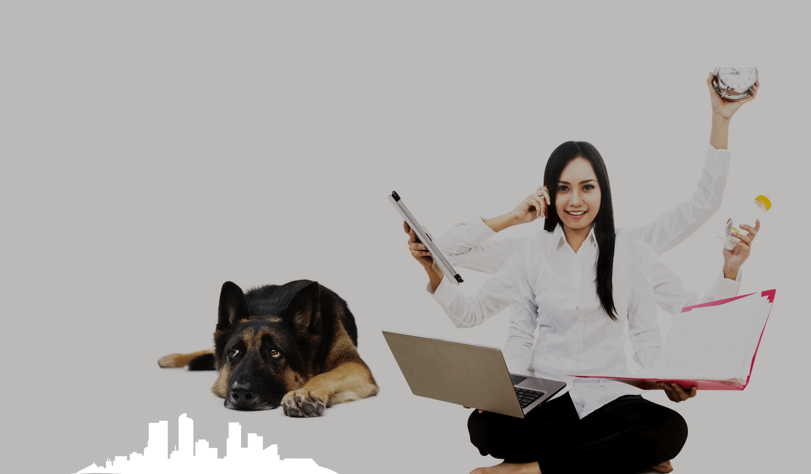 Woman with multiple arms multitasking, holding various items. Dog lying beside her, city outline below.