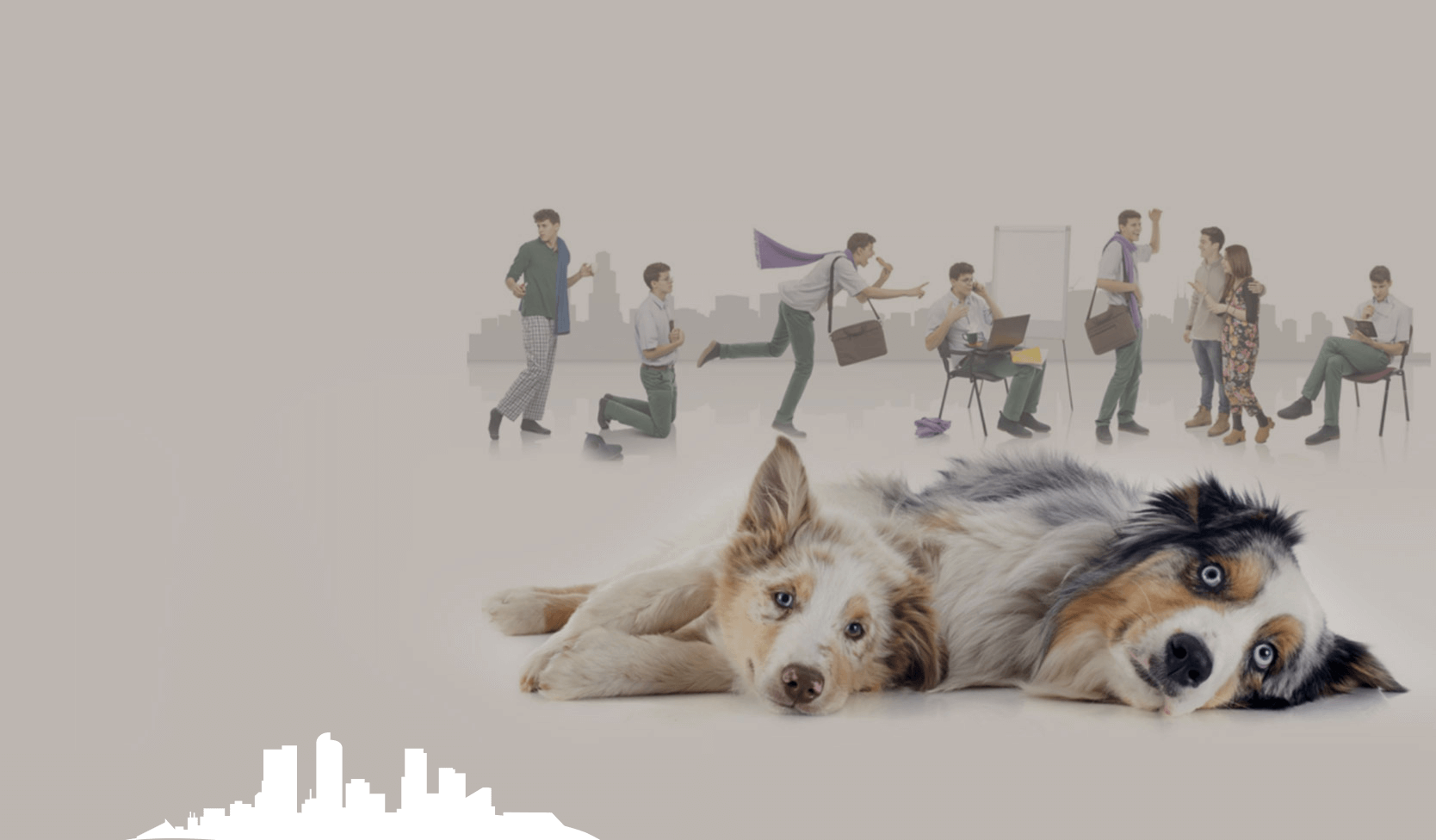Dog resting, various people in background, cityscape silhouette.