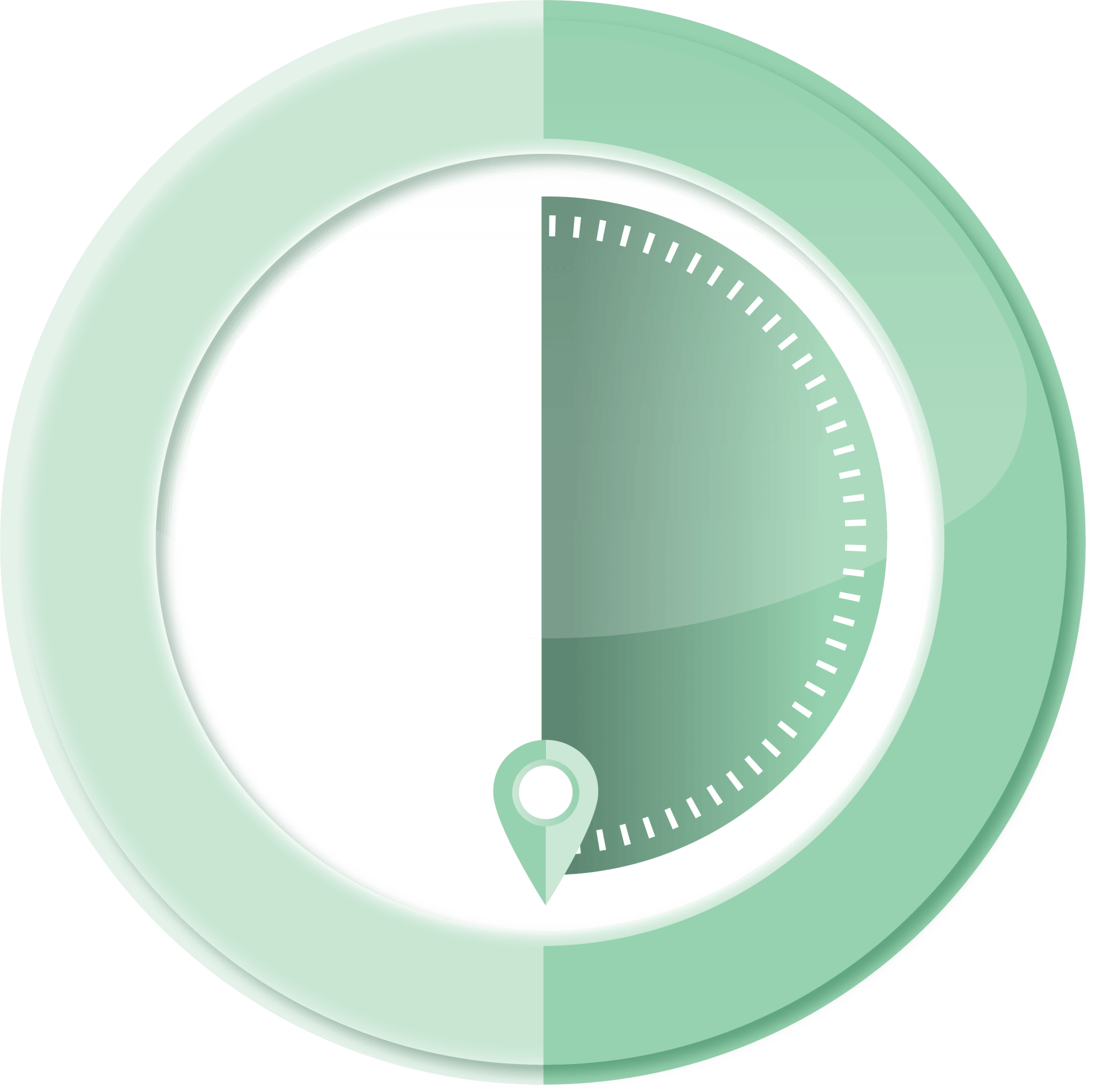 Green dial showing 50% progress, with a location pin.