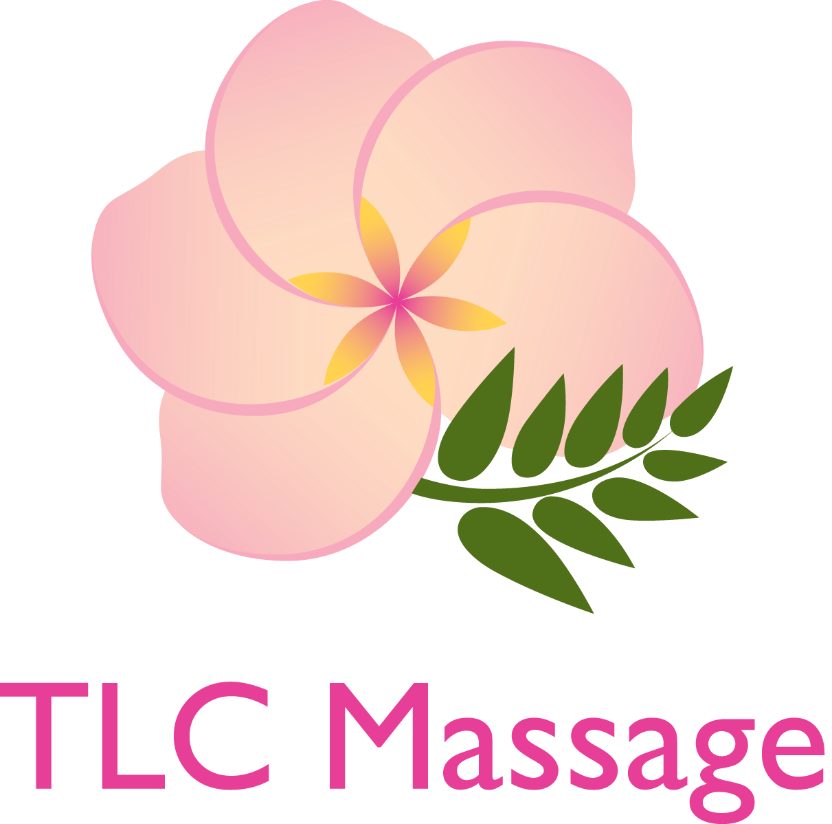 A logo for tlc massage with a pink flower and green leaves
