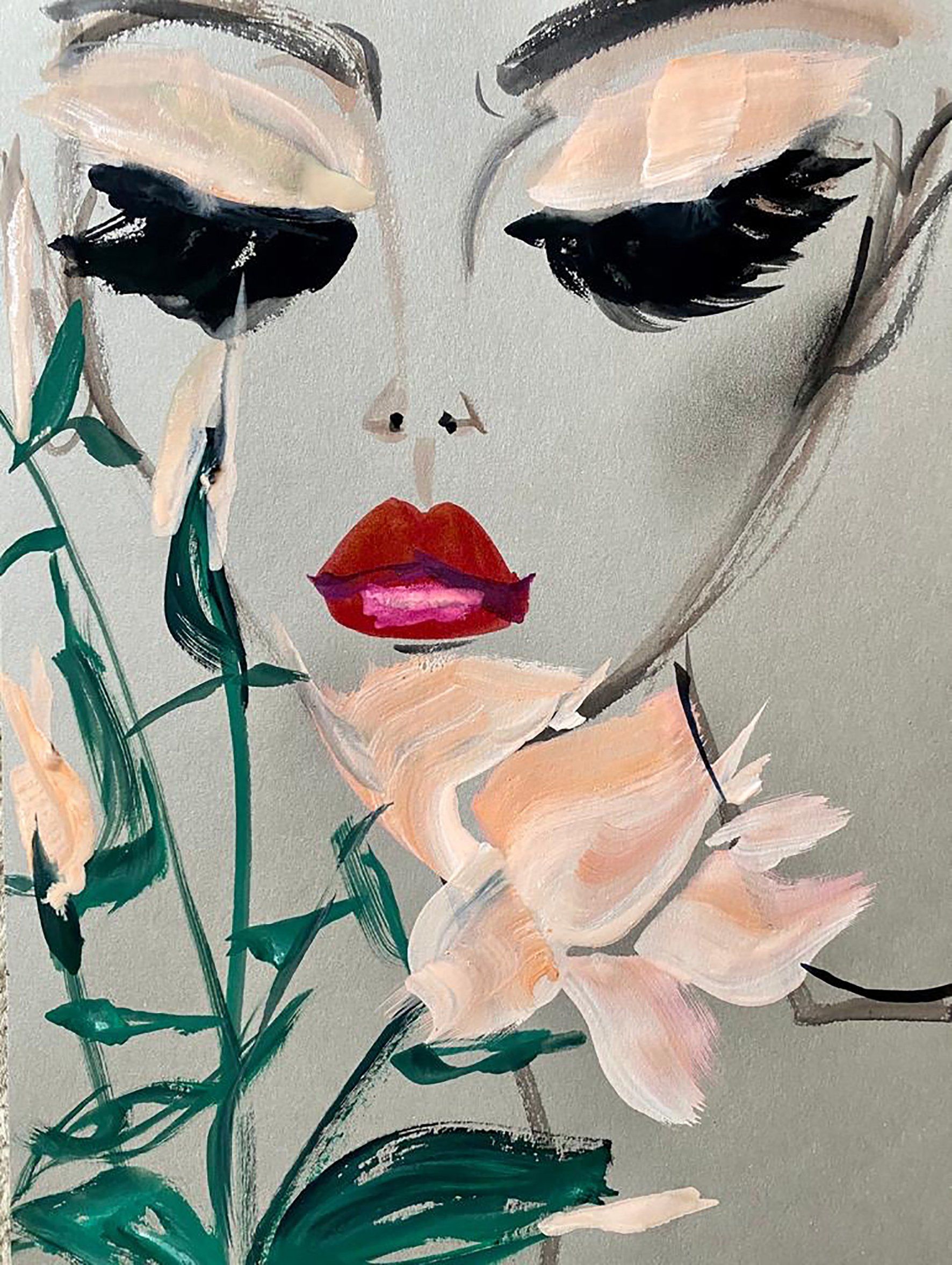 Woman's face with dramatic black eyes and red lips, pink flowers and green stems against gray.