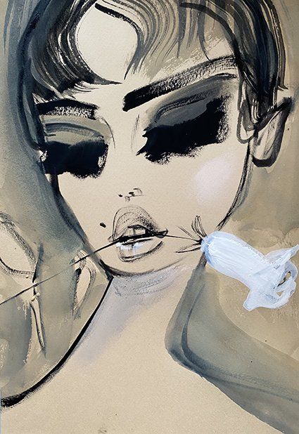 Woman with dark eye makeup holding a white flower in her mouth; monochrome, expressive brushstrokes.