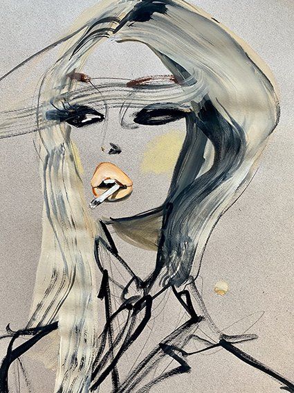 Woman with long, light hair smoking. Painted with black and gray brushstrokes and light yellow highlights.