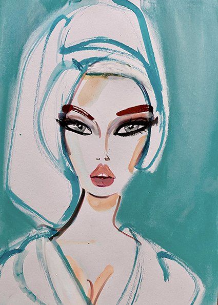 Woman with towel on head, watercolor portrait, turquoise background.