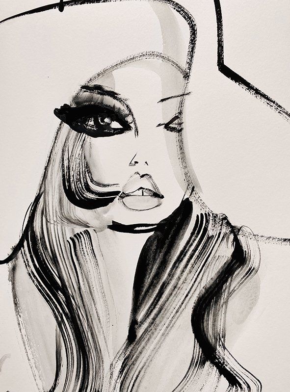 Fashion illustration of a woman in a large hat with dramatic eye makeup, black ink strokes on white.