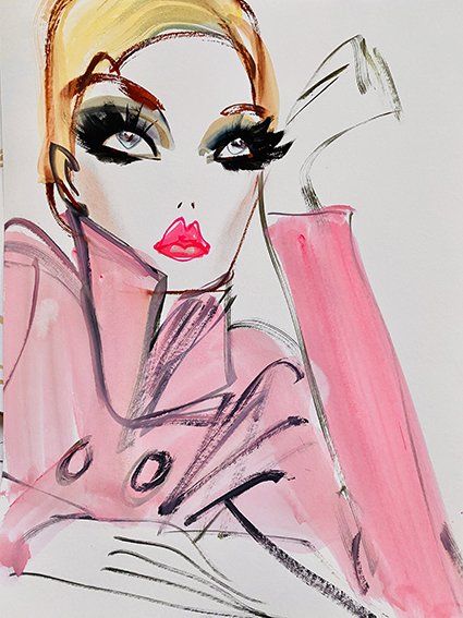 Fashion illustration: Woman in pink coat with bold eye makeup and red lips, looking up.