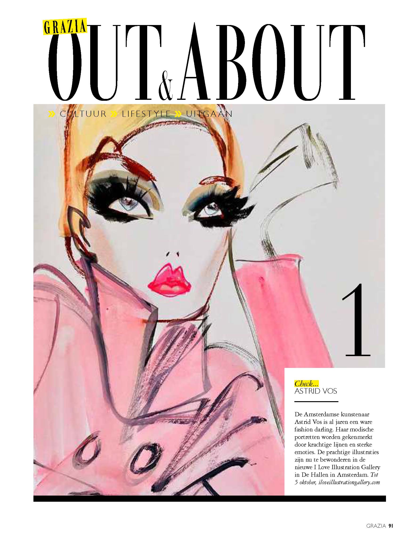 Fashion illustration: Woman in pink coat with bold makeup, holding a perfume bottle, 
