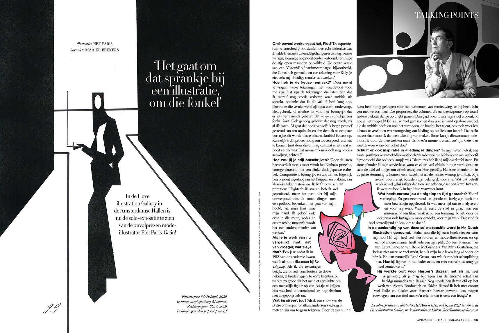 Magazine spread: silhouette figure in doorway, facing text; article with pink graphic; person posing.
