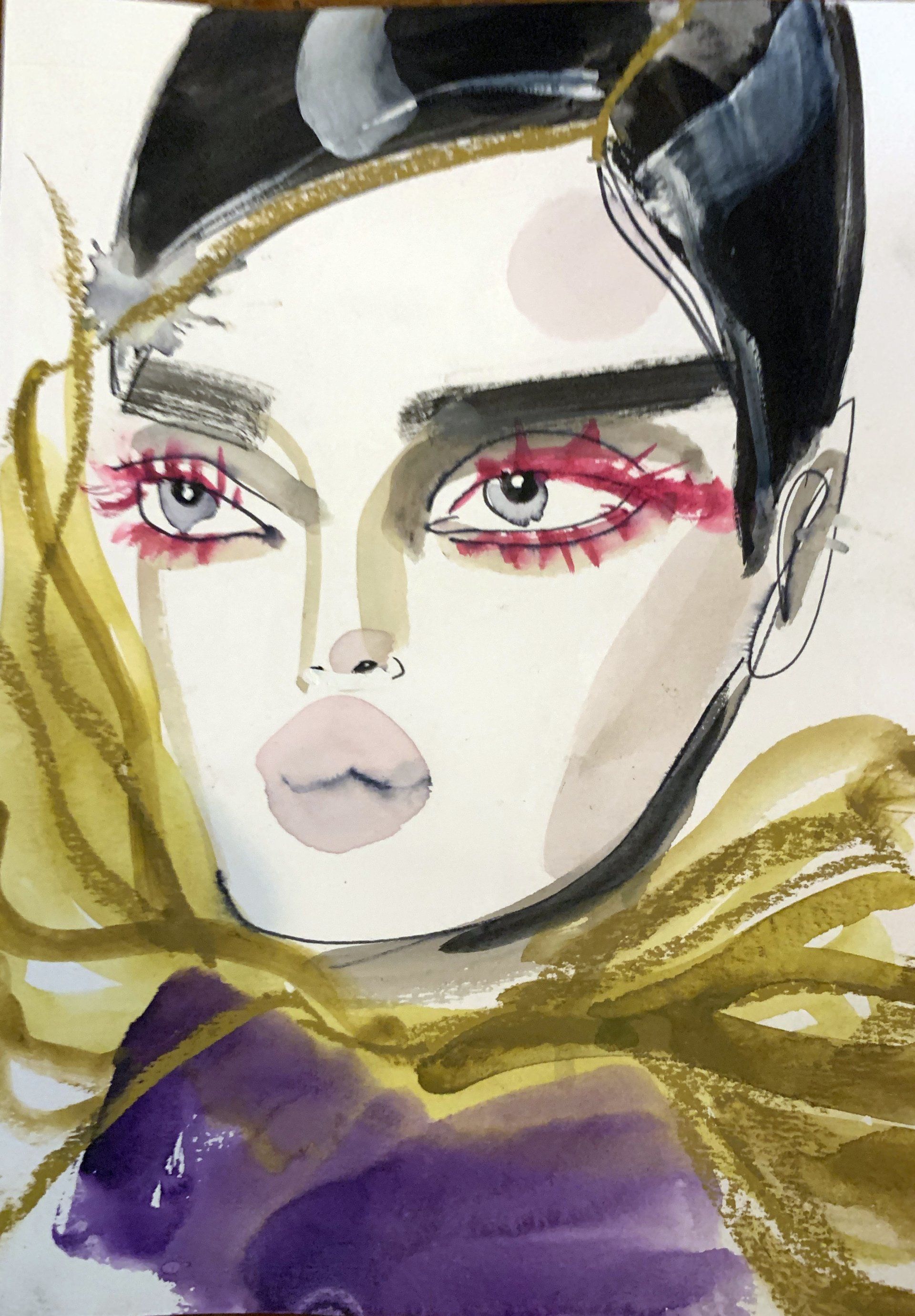 Watercolor portrait with dark hair, pink eye makeup, and gold scarf.