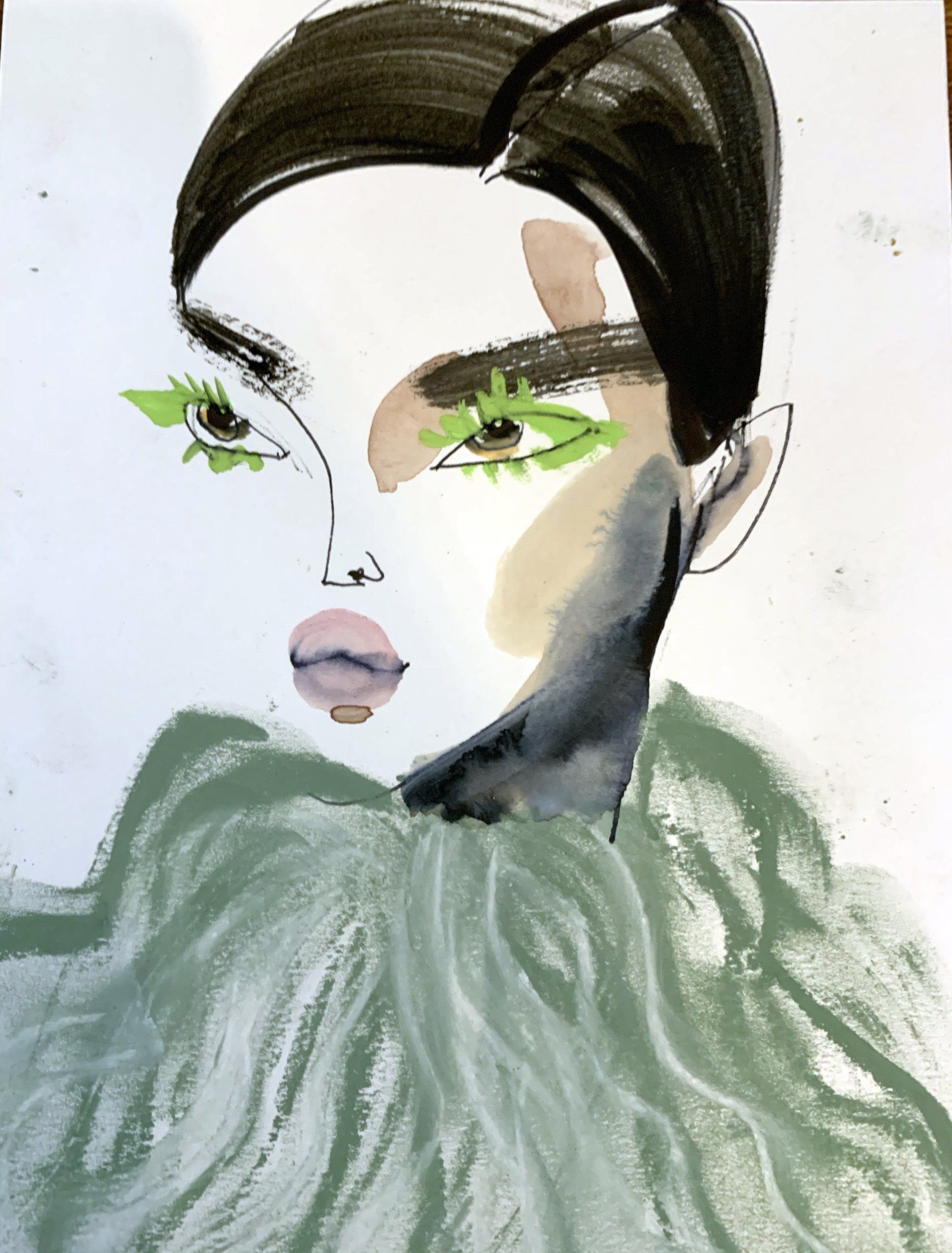 Watercolor portrait with black hair, green eye makeup, and a green collar.