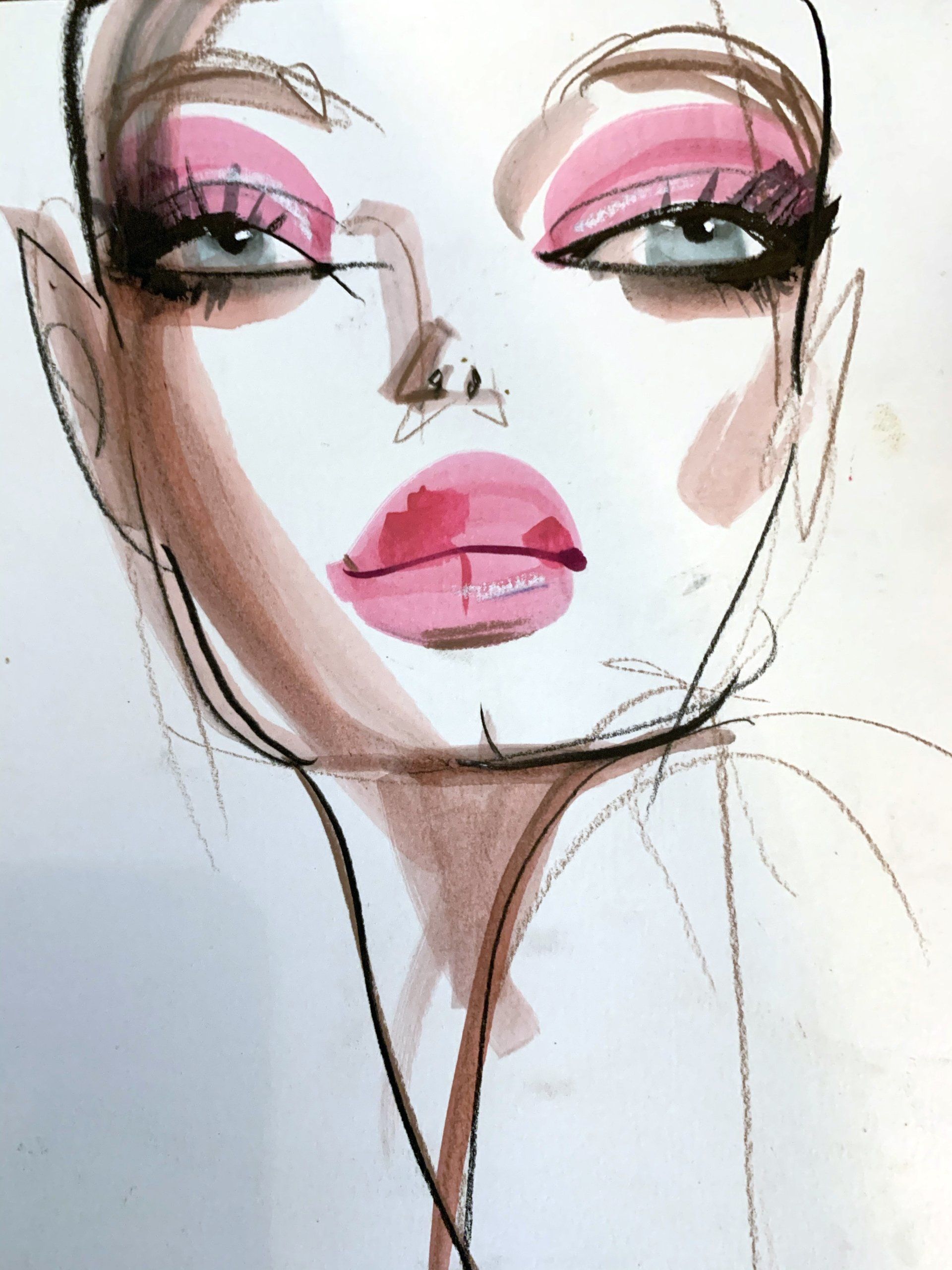 Fashion illustration of a woman with pink eye shadow and lipstick, sketch lines, watercolor style.