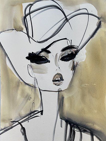 Woman with large hat, dramatic eye makeup, neutral background, painted style.