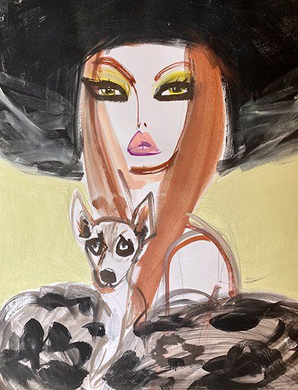Woman with brown hair, black hat, and dog wearing a fur coat; yellow and black watercolor.