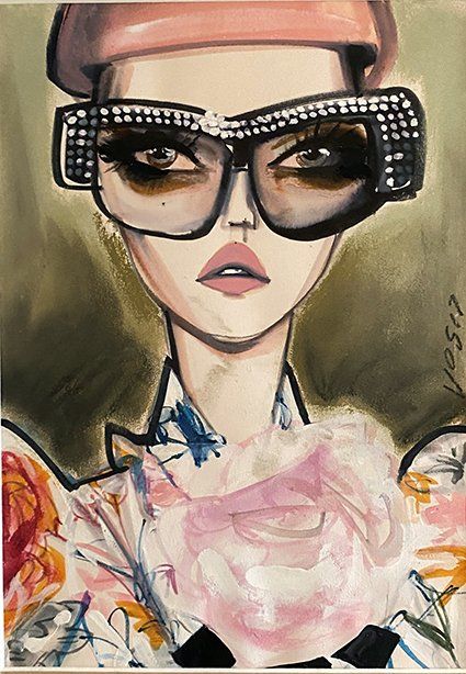 Fashion illustration of a woman wearing bedazzled sunglasses, pink hat, floral print shirt, against a green and pink wash background.