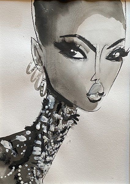Ink sketch of a person with large eyes, long lashes, and ornate jewelry.