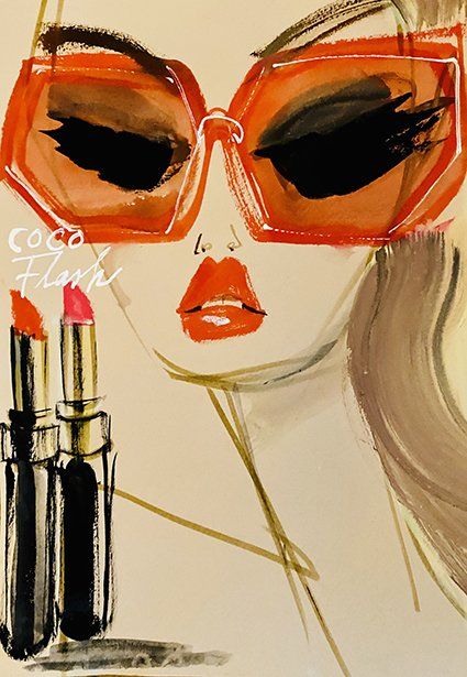 Woman with orange sunglasses and lipstick. Two lipstick tubes beside her face.