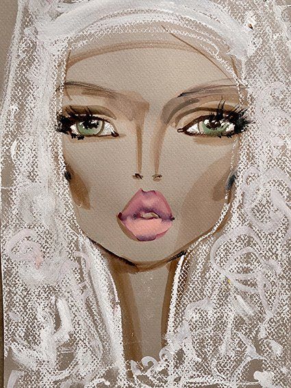 Illustration of a woman with green eyes, full lips, and a white lace veil.