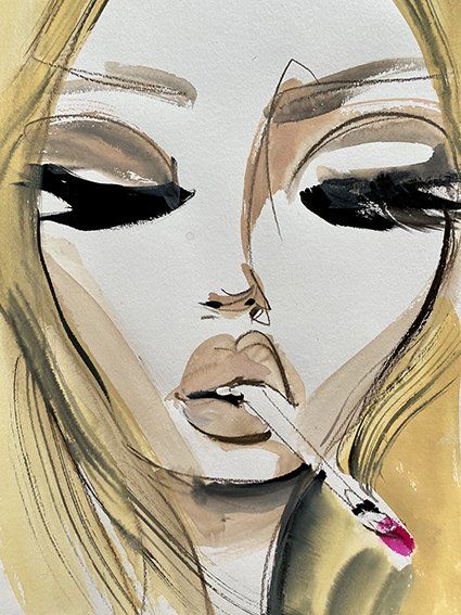 Woman with closed eyes, smoking a cigarette, blonde hair, watercolor painting.
