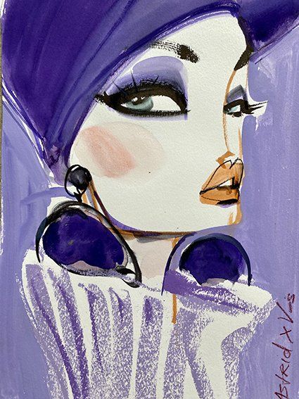 Woman in purple hat and large earrings, stylized art in violet tones, looking off-screen.