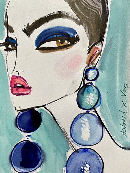 Watercolor illustration of a woman with bold blue eye makeup, red lips, and oversized blue earrings.