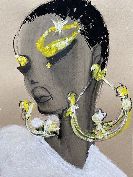 Illustration of a person with dark skin wearing large, yellow jewelry; looking down.