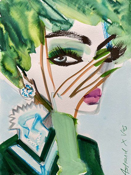 Woman with green makeup and hair, hands partially covering face, watercolor style.