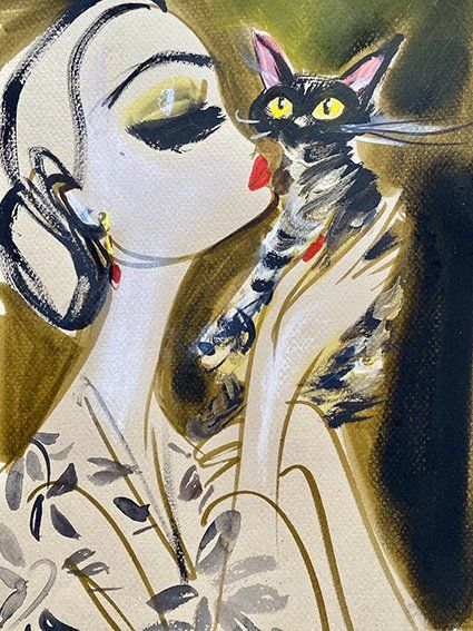 Woman in floral top kisses a tabby cat, set against a gold and black backdrop.