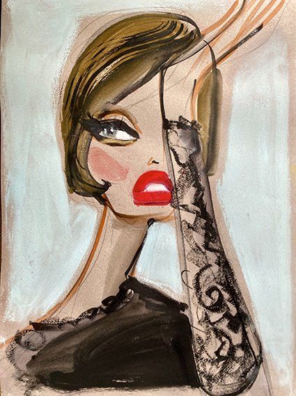 Stylized illustration of a woman with red lips and an arm covered in lace, hand raised to her face.